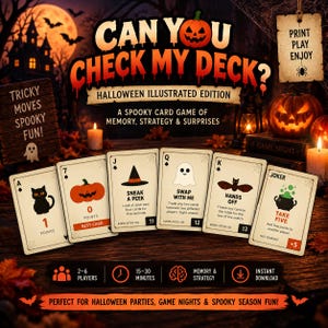 May include: A Halloween-themed card game titled Can You Check My Deck? featuring six playing cards with illustrations of a black cat, pumpkin, witch hat, ghost, bat, and cauldron. The cards display game instructions, point values, and icons.
