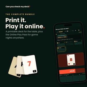 Puede incluir: Un anuncio de un paquete de juegos con tres cartas físicas con números y letras, junto a un teléfono inteligente que muestra una interfaz de juego en línea con el texto Can you check my deck, Print it. Play it online.