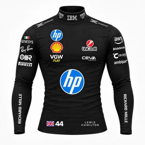 May include: A black long-sleeve mock neck shirt featuring various sponsor logos including HP, Shell, VGW Play, UniCredit, Ceva Logistics, AWS, Bitdefender, Celsius, Ambipar, Genesys, Ray-Ban, Pirelli, and Richard Mille, with Lewis Hamilton and 44.