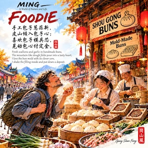 May include: A digital illustration featuring a food stall with wooden steamers filled with white buns, red lanterns, and text including MING, FOODIE, SHOU GONG BUNS, and Mold-Made Buns. A person holds a bun while others prepare food with wooden moulds.