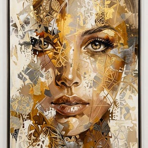 May include: A framed canvas painting depicting a human face layered with abstract geometric patterns and gold leaf accents. The artwork features a colour palette of warm browns, creams, and metallic gold, with intricate line work overlaying the facial features.