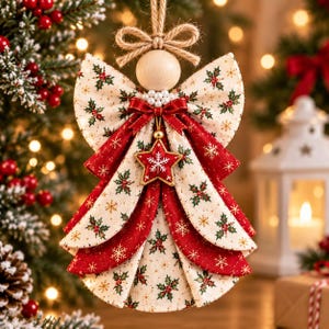 May include: A hanging angel ornament featuring a wooden bead head, a jute twine bow, and layered fabric wings and dress. The fabric displays red and green holly patterns, gold snowflakes, a red ribbon bow, white pearl accents, and a red star charm.