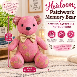 Puede incluir: Un patrón de costura e instrucciones para un oso de recuerdo de patchwork rosa con una pajarita a rayas beige. El oso mide 28 cm de alto y 26 cm de ancho. El texto incluye Heirloom Patchwork Memory Bear, Sewing Pattern & Instructions.
