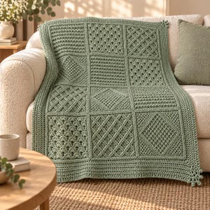 Sage Green Textured Crochet Throw Pattern PDF, Sampler Block Blanket, Field and Forest Afghan, English Digital Download, DIY Home Decor