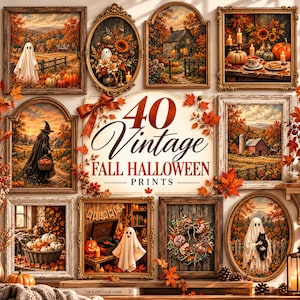 Può includere: Una collezione di 40 stampe vintage di Halloween autunnali con varie opere d'arte incorniciate di fantasmi, zucche, paesaggi autunnali e scene rustiche. Il testo centrale recita 40 Vintage FALL HALLOWEEN PRINTS, decorato con foglie d'acero arancioni.