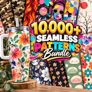 May include: A stainless steel tumbler with a handle and straw, featuring a watercolor floral print, displayed in front of a digital collage of various seamless patterns with text that reads 10,000+ SEAMLESS PATTERNS BUNDLE.