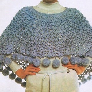 Poncho Crochet Pattern Women's Pom Pom Shawl Vintage 1970's PDF Crochet Pattern Instant Download