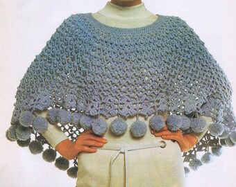 Poncho Crochet Pattern Women's Pom Pom Shawl Vintage 1970's PDF Crochet Pattern Instant Download