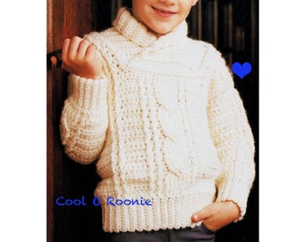 Crochet Aran Sweater Pattern - Shawl Collar - Vintage Crochet Pattern - PDF Crochet Pattern Instant Download