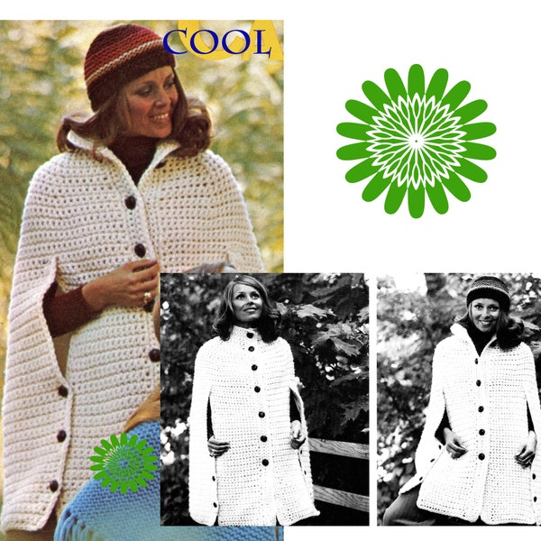 Crochet Pattern Women Cape Pattern Vintage 70's Button Down Cape Crochet Pattern PDF Womens Swing Poncho