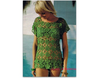 1970's Crochet Beach Cover up Pattern Women's Flower crochet top or beach wear instant Download on Cool o Roonie