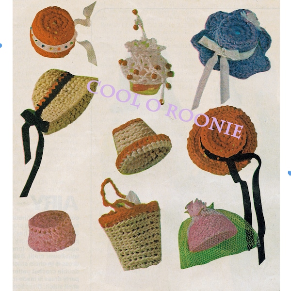 Crochet Doll Accessories - Fashion Doll Hats - purses Vintage Fashion Doll Crochet - PDF Crochet Pattern Instant Download