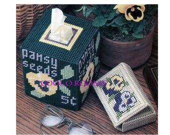 Plastic Canvas Tissue Box Cover Pattern - Pansy Seeds Cover - Vintage PDF Plastic Canvas Pattern