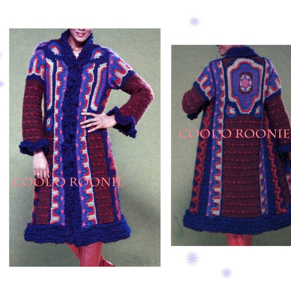 CROCHET Modello per cappotto giacca - Modello per cappotto maglione hippie vintage da donna degli anni '70 - Modello PDF all'uncinetto
