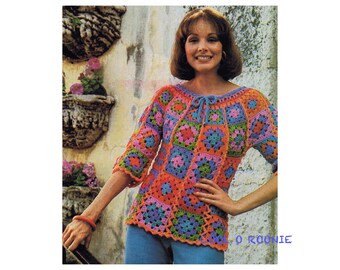 Granny Square Sweater Pattern - Vintage Women's Summer Granny Square Top - PDF Crochet Pattern Instant Download