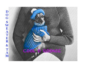 Dog Sweater & Tam Knitting Pattern - Vintage Dog Coat and Hat PDF Knitting Pattern Instant Download Size Options