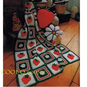 Afghan Crochet Pattern - Granny Square Throw - Strawberry & Flower Pillow - Throw Patterns Crochet Pattern PDF Crochet Pattern