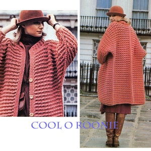 Crochet Pattern Womens Chunky Sweater Coat Pattern - Vintage 70's Retro Sweater Cardigan Coat Crochet Pattern PDF