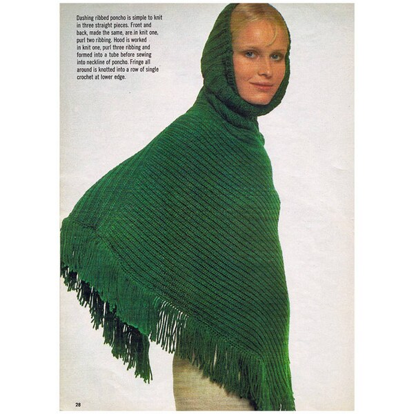 Poncho Knitting Pattern Vintage 1970's Womans Hooded Poncho PDF Knitting Pattern Instant Download