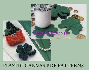 Plastic Canvas Pattern - St. Patrick Shamrock Coasters & Pin - Leprechaun Brooch PDF Plastic Canvas Pattern