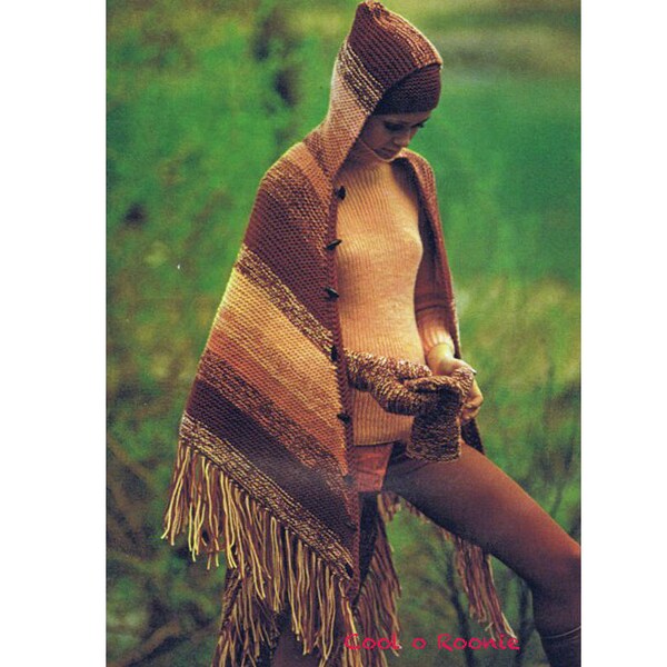 Cape Knitting Pattern Women's Hooded Sweater Wrap Cape Vintage 1970's PDF Knitting Pattern