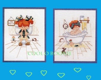 Vintage Cross Stitch Pattern - Girl in Tub Bathroom Stitch Pattern - PDF Cross Stitch Patten Printable Download
