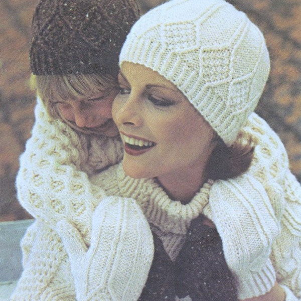Hat Knitting Pattern Family Aran HAT & Mitts for Women and Children PDF Knitting Pattern Instant Download