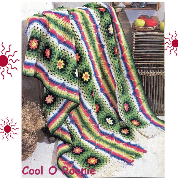 Mexican Blanket Afghan Crochet Pattern - Mexican Saltillo Blanket Pattern - PDF Crochet Pattern - DIY Granny Squares  - 4 Ply