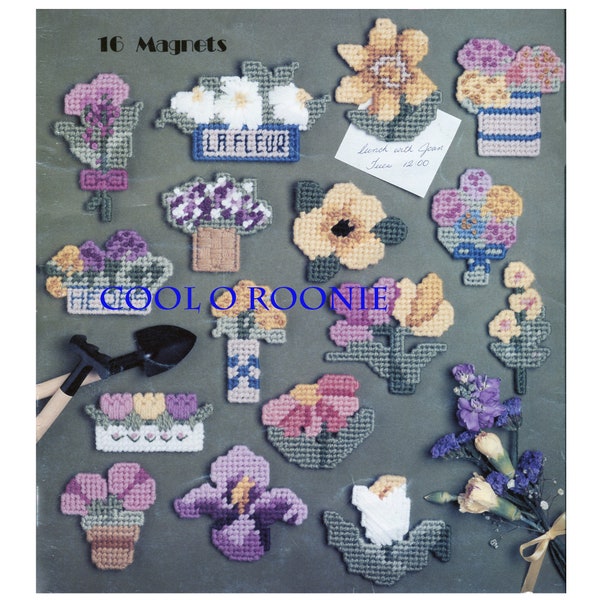 Vintage Plastic Canvas Pattern - Floral Magnets - 16 Flower Magnet Designs - PDF Plastic Canvas Pattern