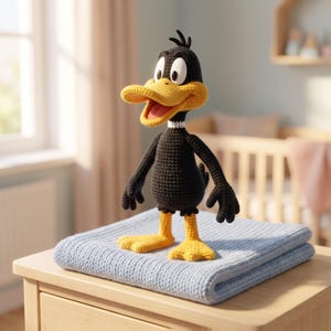 May include: A black and yellow crocheted duck doll with a white neck ring, large white eyes, and an open beak. The doll is standing on a folded light blue knitted blanket. The duck features a textured yarn construction with distinct stitches.