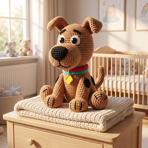 May include: A brown crocheted dog plush toy with black spots, a black nose, and large eyes. The dog wears a red and teal collar with a yellow diamond-shaped tag. The plush is sitting on a folded cream-colored knitted blanket on a wooden surface.