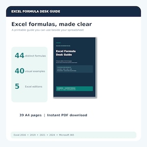 Puede incluir: Una guía Excel Formula Desk Guide en PDF imprimible de 39 páginas A4. La portada muestra el texto Excel Formula Desk Guide, 44 fórmulas distintas, 40 ejemplos visuales y 5 ediciones de Excel incluyendo 2016, 2019, 2021, 2024 y Microsoft 365.