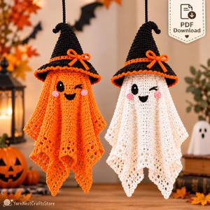 Virkat häxhatt spöke amigurumimönster, Halloween-hängande dekoration (PDF-nedladdning)