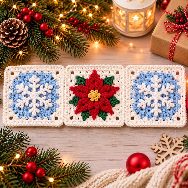 Msv Setting Tools Christmas Granny Square Crochet Pattern PDF, Snowflake Poinsettia Set ...