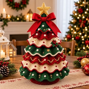 May include: A crocheted Christmas tree decoration featuring layered ruffles in alternating dark green, cream, and deep red colors. The tree is topped with a yellow crocheted star and a large red satin bow, accented with small white beads and gold embroidery.