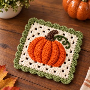 May include: A square crochet coaster featuring a cream-colored granny square base with a scalloped sage green border. Centered on the coaster is a three-dimensional orange pumpkin with a dark brown stem and a small, curled green vine detail.