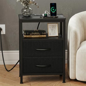 Fabric Drawers Night Stand with USB Charging Station, Open Shelf Bedside Table