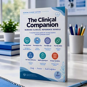 Könnte beinhalten: Ein weißes Softcover-Buch mit dem Titel The Clinical Companion Nursing Clinical Reference Bundle. Das Cover zeigt blaue, grüne und orangefarbene Symbole für sieben Studienführer, darunter The Vital Check, The Head-to-Toe und The Skills Lab.
