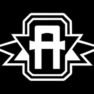 May include: A white logo on a black background. The logo features a stylized letter "A" within a rectangular frame, with a banner-like design extending outwards on either side. The design is clean and modern.