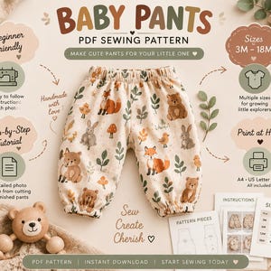May include: A PDF sewing pattern for baby pants in sizes 3M-18M, featuring a cream-colored fabric with a woodland animal print of foxes, bears, rabbits, and birds. Includes instructions, pattern pieces, and a size chart for A4, US Letter, and A0 printing.