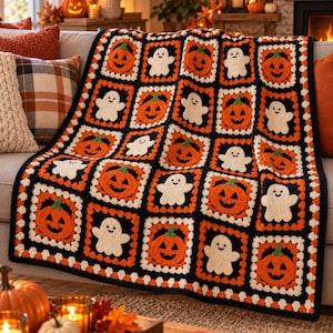 May include: A handmade crochet blanket featuring a repeating pattern of orange jack-o'-lanterns and white ghosts. The squares are bordered in black and white, creating a grid design. The blanket is draped over a sofa, showcasing the textured yarn work.