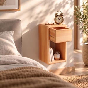 May include: A light-colored wooden floating nightstand mounted on a wall. The unit features a single pull-out drawer at the top and an open storage shelf below. On top of the nightstand sits a pair of glasses and a round gold-toned alarm clock.
