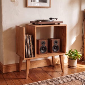 Solid Pine Record Player Stand with Speaker Shelf, Mid Century Turntable Station, Vinyl Storage Console Table