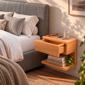 Floating Nightstand with Drawer, Solid Pine Wood Bedside Storage Cabinet, Wall Mounted Shelf for Small Bedrooms