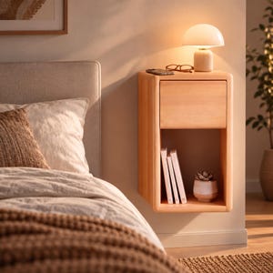 Compact Nightstand with Drawer, Solid Pine Wood Floating Bedside Cabinet, Wall Mounted Storage for Small Bedrooms