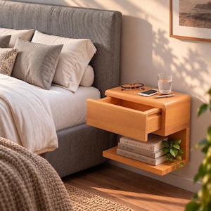 May include: A light-toned wooden floating nightstand featuring a single pull-out drawer and an open lower shelf. The top surface holds a pair of glasses, a smartphone, a pen, and a glass of water. The lower shelf contains three stacked books.