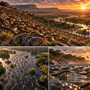 Könnte beinhalten: Ein zusammengesetztes Bild einer weiten Landschaft mit einem Fluss, der sich bei Sonnenuntergang durch eine Savanne schlängelt, mit einer Vielzahl von Schlangen auf felsigem Gelände und im Wasser, wobei einige ihre Zungen zeigen.