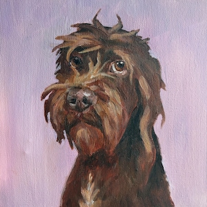 May include: An oil painting on canvas featuring a portrait of a shaggy brown dog with expressive dark eyes and a textured coat. The dog is centered against a solid, light lavender background, capturing its facial features in detail.
