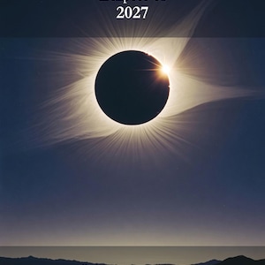 Op de afbeelding: Een boekomslag getiteld Eclipses of 2027 door Quiet Moon Press. De omslag toont een donkere zonsverduistering met een heldere corona tegen een diepblauwe lucht. De tekst onderaan luidt Five eclipses, NASA dates, a one-sitting briefing.