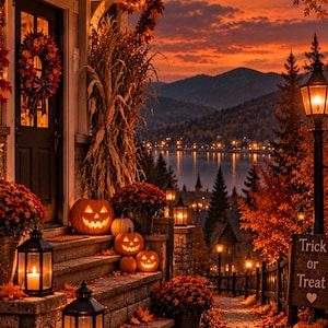 Peut inclure: Une illustration numérique d'un porche décoré pour l'automne avec des citrouilles sculptées, des lanternes lumineuses et des chrysanthèmes orange. La scène montre une pleine lune, un lac, des montagnes et un panneau indiquant Trick or Treat.